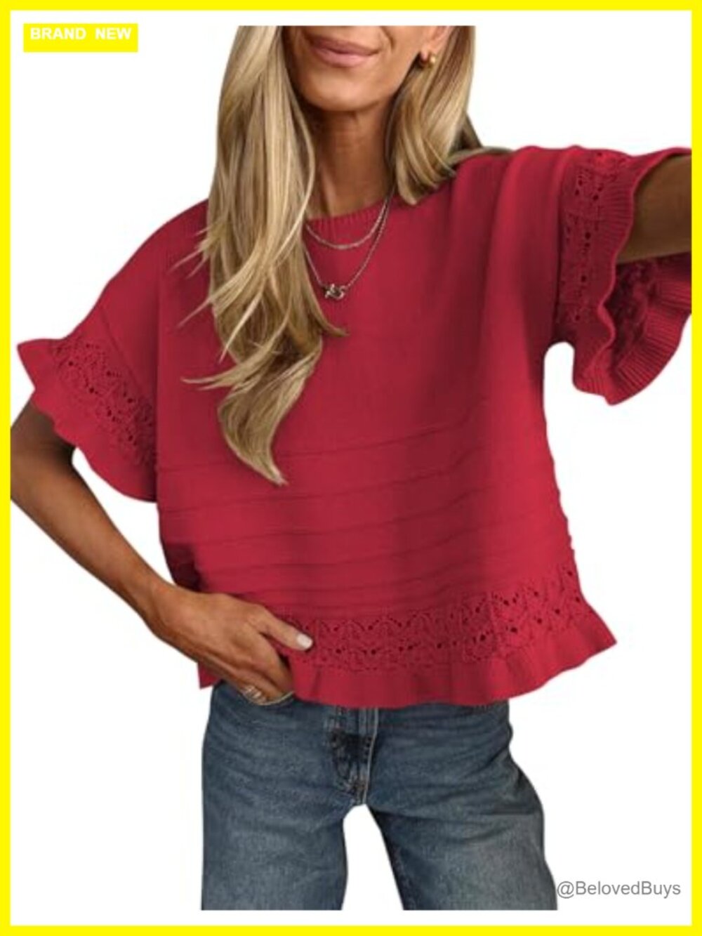 Ruffle Sleeve Peplum Sweater Crochet Knit Top Lace Short Sleeve Blouse